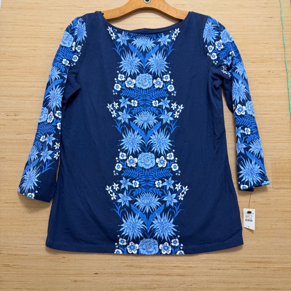 Talbots Womens Blue Floral Medallion 3/4 Sleeve Boat Neck Tee Shirt Small NEW